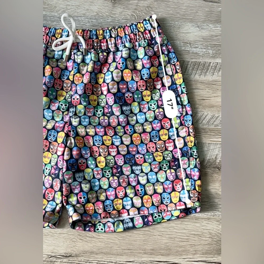 LUCHIANO VISCONTI Swim Trunks Sz Med Black with Multicolor Wrestler Masks - Picture 8 of 8